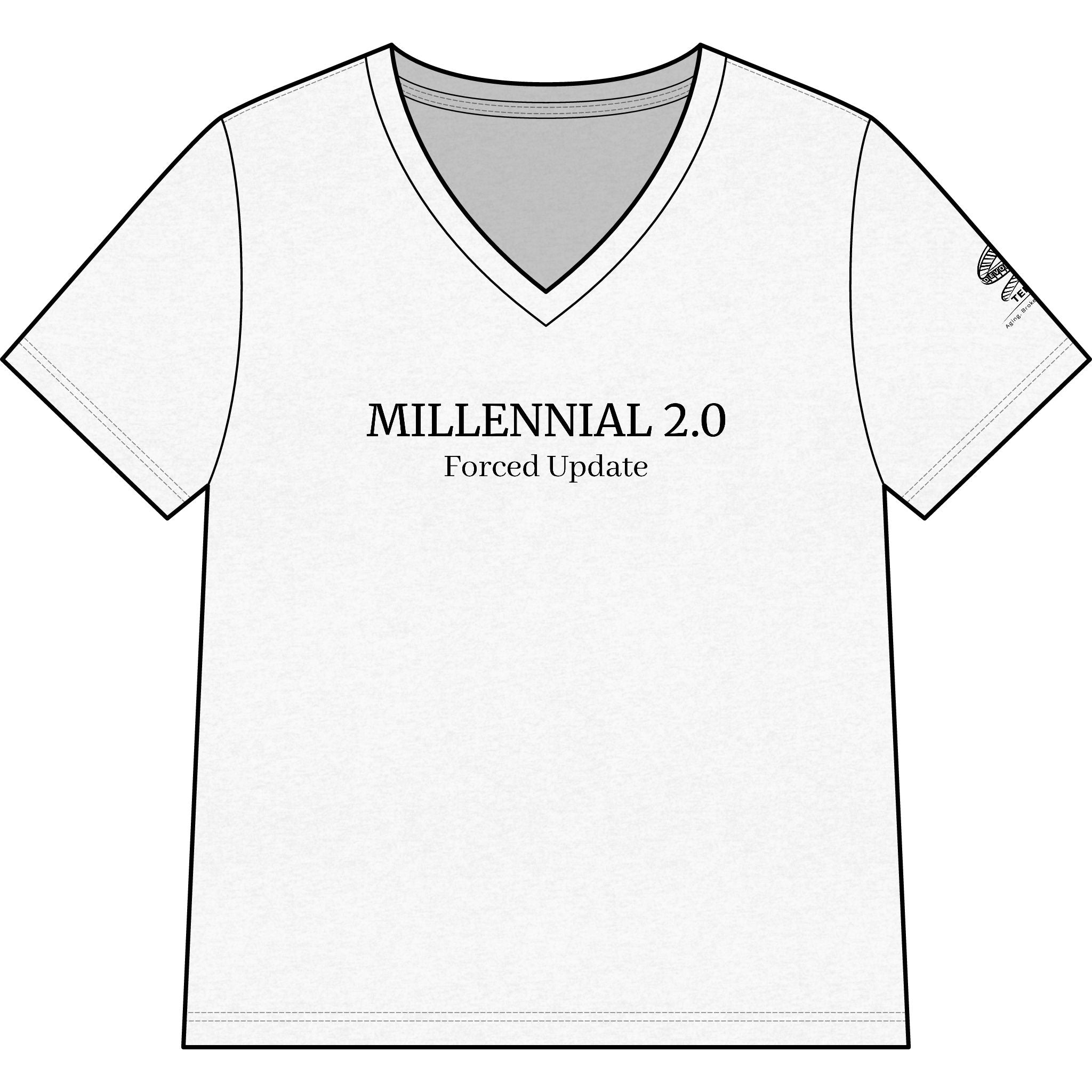 V-Neck Tee — "Millennial 2.0 Forced Update" Minimalist Women's Tee
